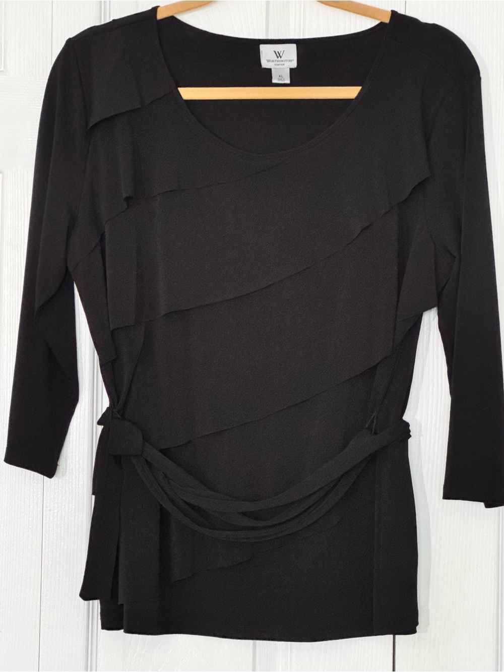 Worthington Black Asymmetric Layered Ruffle Blouse 3/4 Sleeve XL